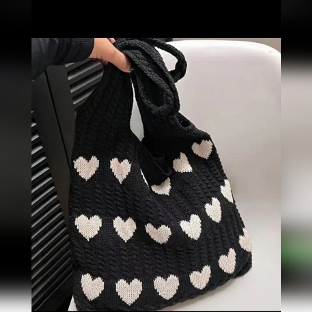 Handmade Black and White Heart Patterned Tote Bag